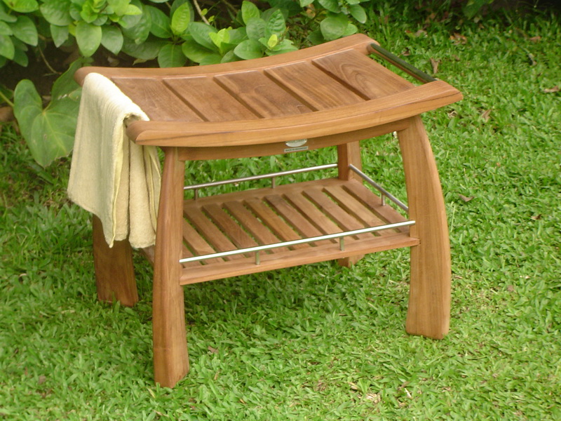 TEAK SHOWER BENCH STOOL w/ SHELF GARDEN PATIO FURNITURE eBay